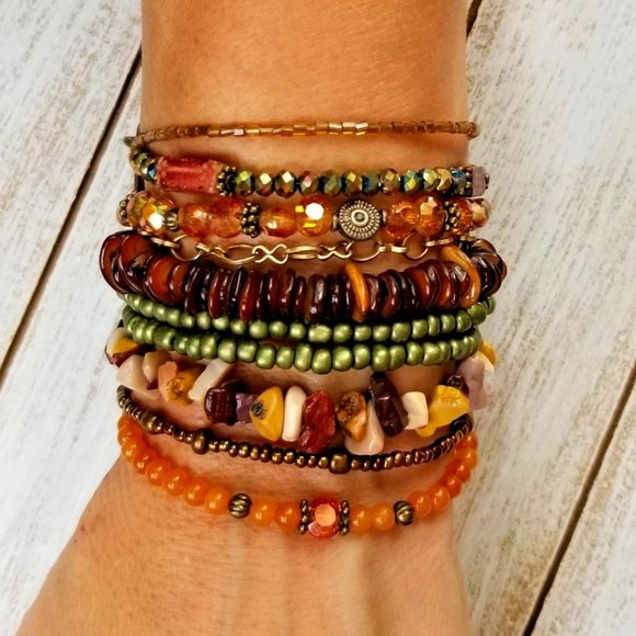 Jewelry - Bracelet. Multi-Strand. Amber, Brown, Green, Gold. Beaded. Faux Leather. NWT